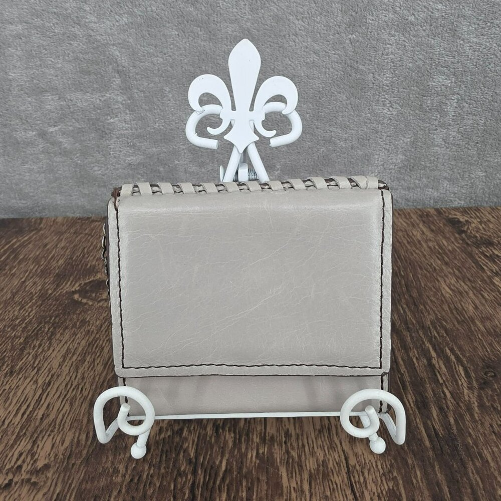 HOBO Stitch Mini Card Wallet Keychain Pouch Taupe Grey Cloud Whipstitch Leather